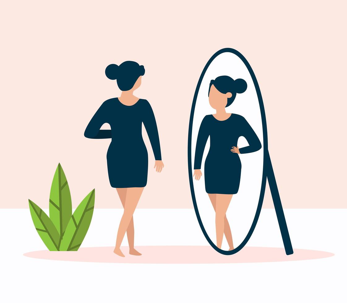 mulher em frente ao espelho olhando seu reflexo vetor