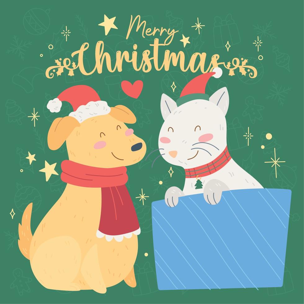 vetor de cartão de felicitações de feliz natal bonito dos desenhos animados do animal de estimação kawaii