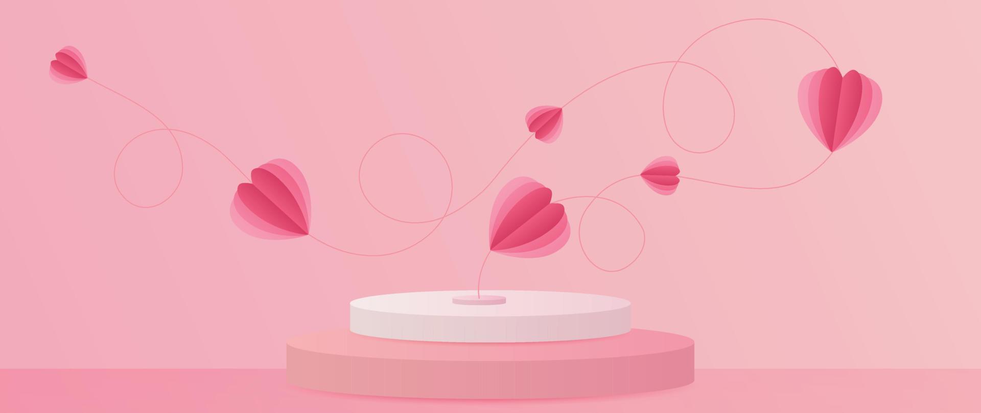 feliz dia dos namorados vetor de conceito. composição 3d abstrata decorar com fundo de papel de origami de corações rosa doce e pódio. design para banner, mock up, apresentação do produto, anúncios, marketing.