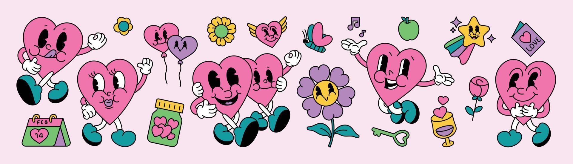 Conjunto de vetores de elemento doodle groovy dos anos 70. coleção de hippie retrô em quadrinhos fofa de corações lúdicos, flores, chave, balão, calendário, maçã, borboleta. design para cartão de dia dos namorados, decorativo, adesivo, impressão.
