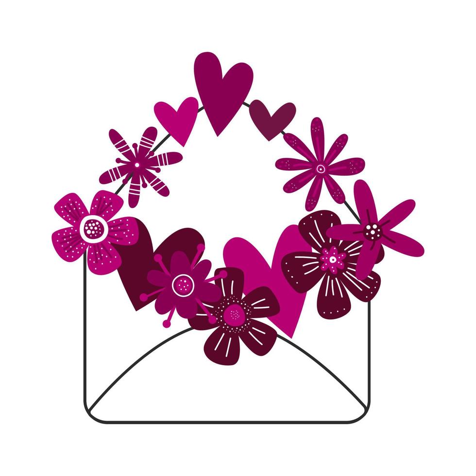 ilustração romântica do dia dos namorados com corações e flores. carta de amor em clipart de vetor de envelope aberto. feriado de 14 de fevereiro.