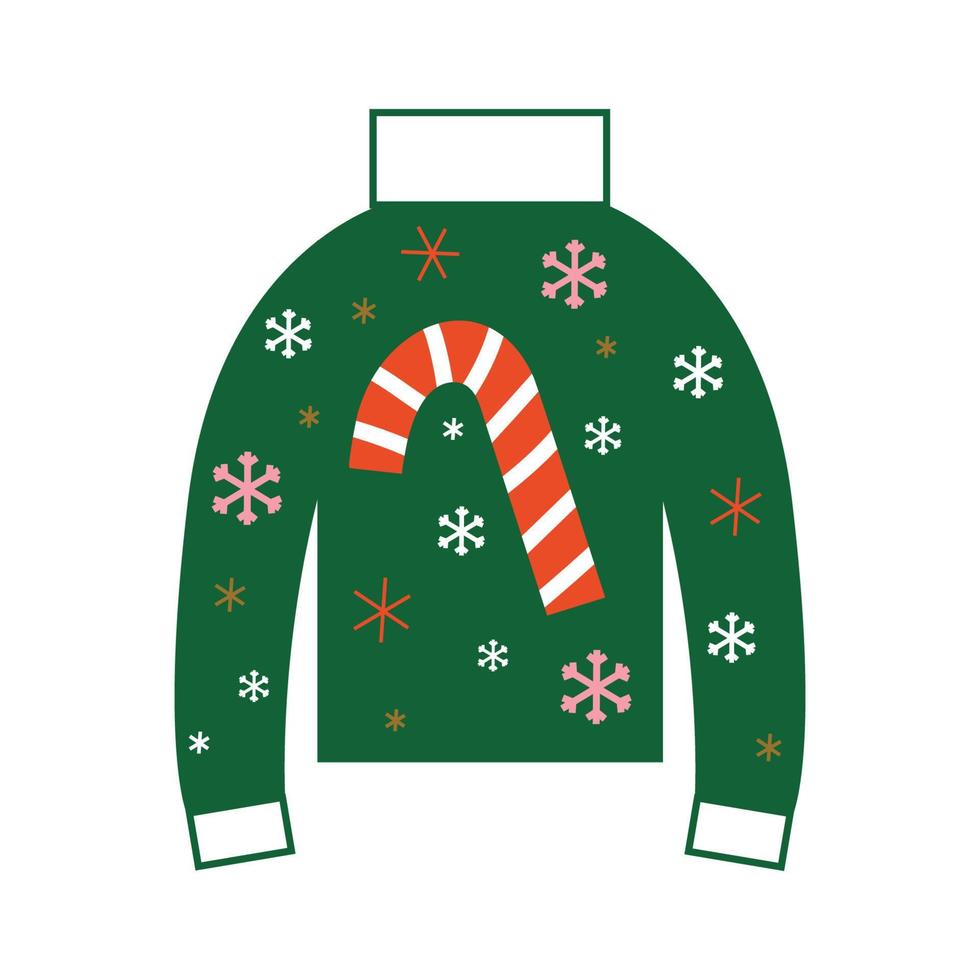 suéter quente e feio de natal com pirulito e flocos de neve. roupas de ano novo com símbolos de férias de inverno. vetor