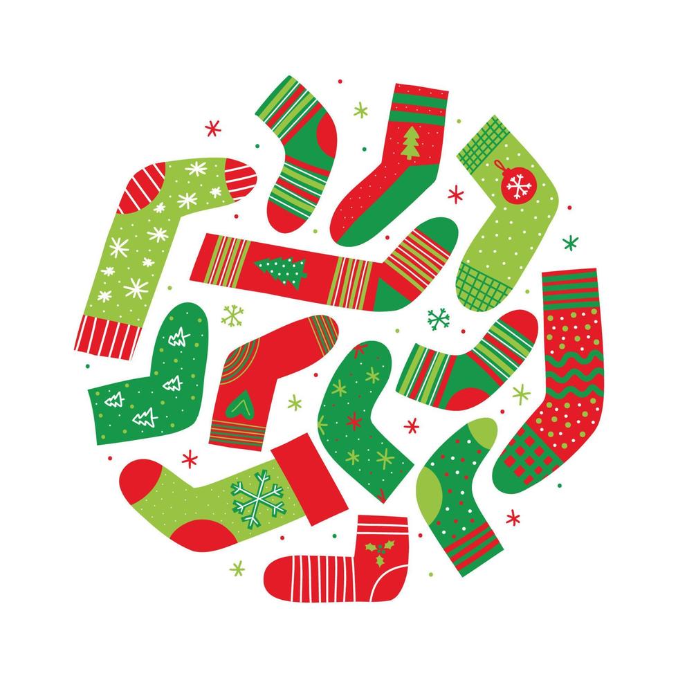 coleção de meias de natal em círculo. meia de natal e ano novo com símbolos de férias de inverno e cores verdes e vermelhas. ilustração em vetor doodle desenhado à mão.