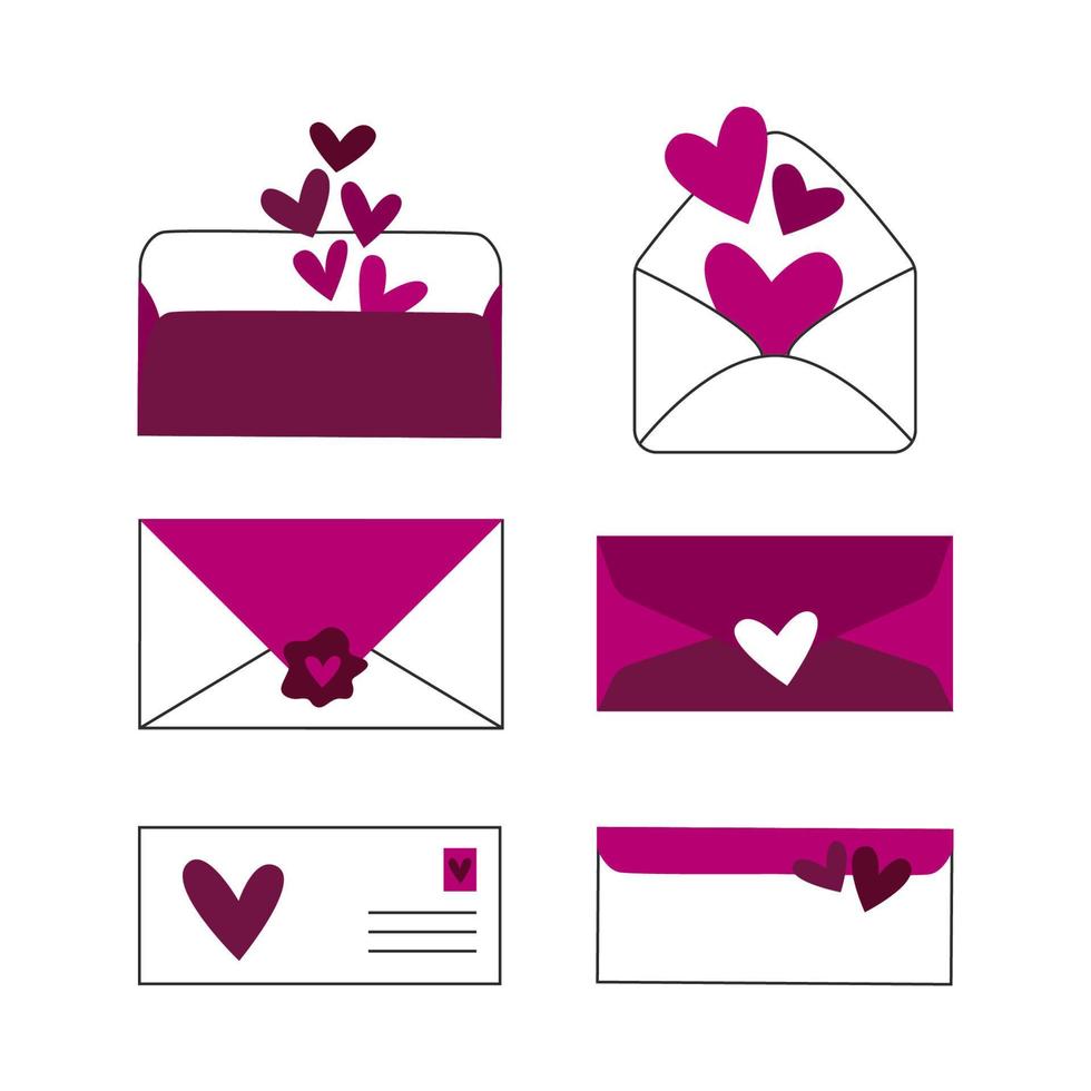 ilustração romântica do dia dos namorados com corações e flores. cartas de amor em conjunto de clipart de envelopes abertos e fechados. vetor