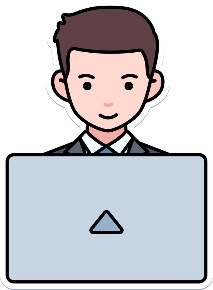 empregado homem trabalhando laptop empresa de negócios trabalhador freelance elemento ilustração adesivo de contorno colorido retrô vetor