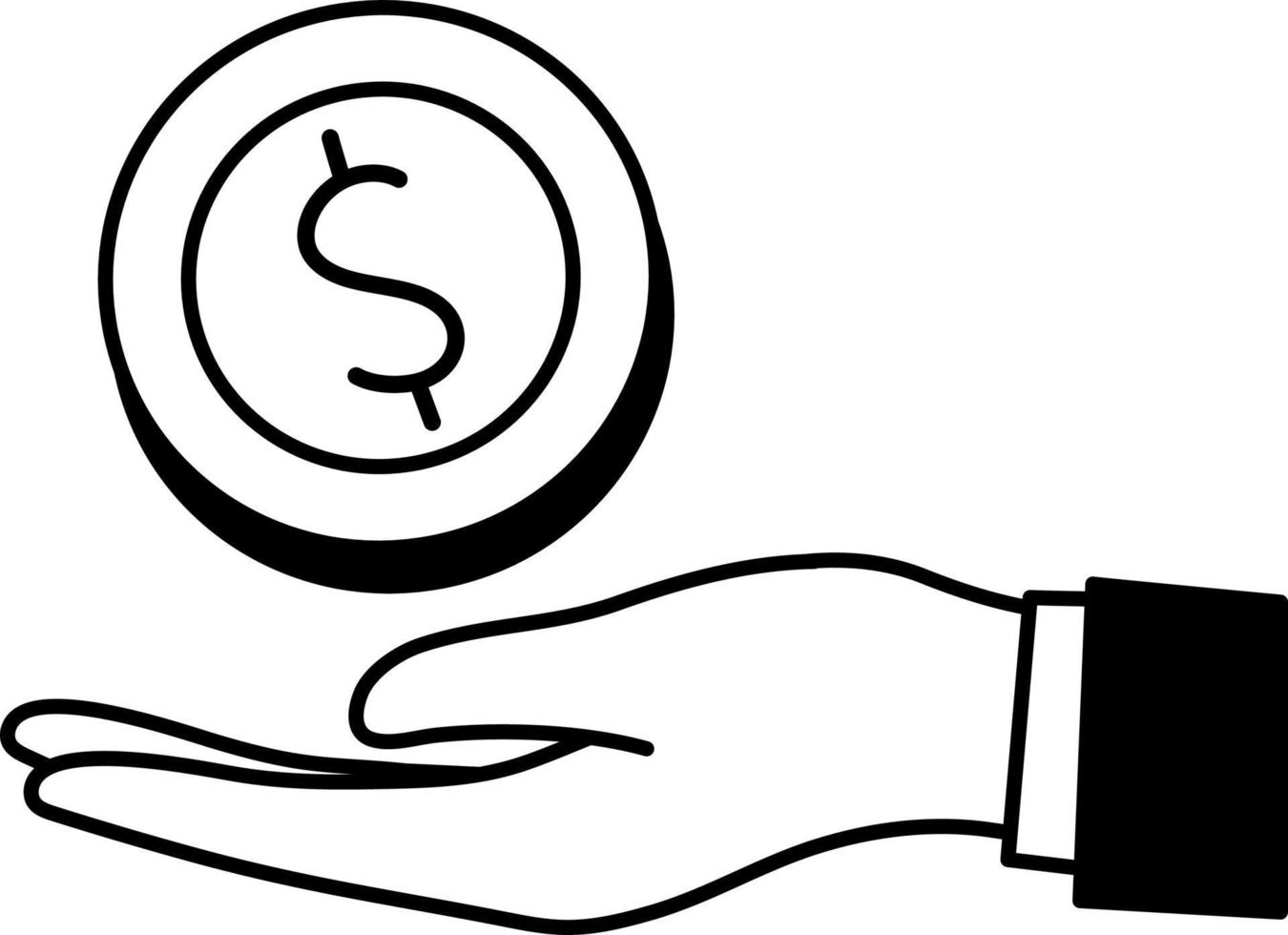 dinheiro moeda mão compensação lucro financeiro negócio comércio elemento ilustração semi-sólido preto e branco vetor