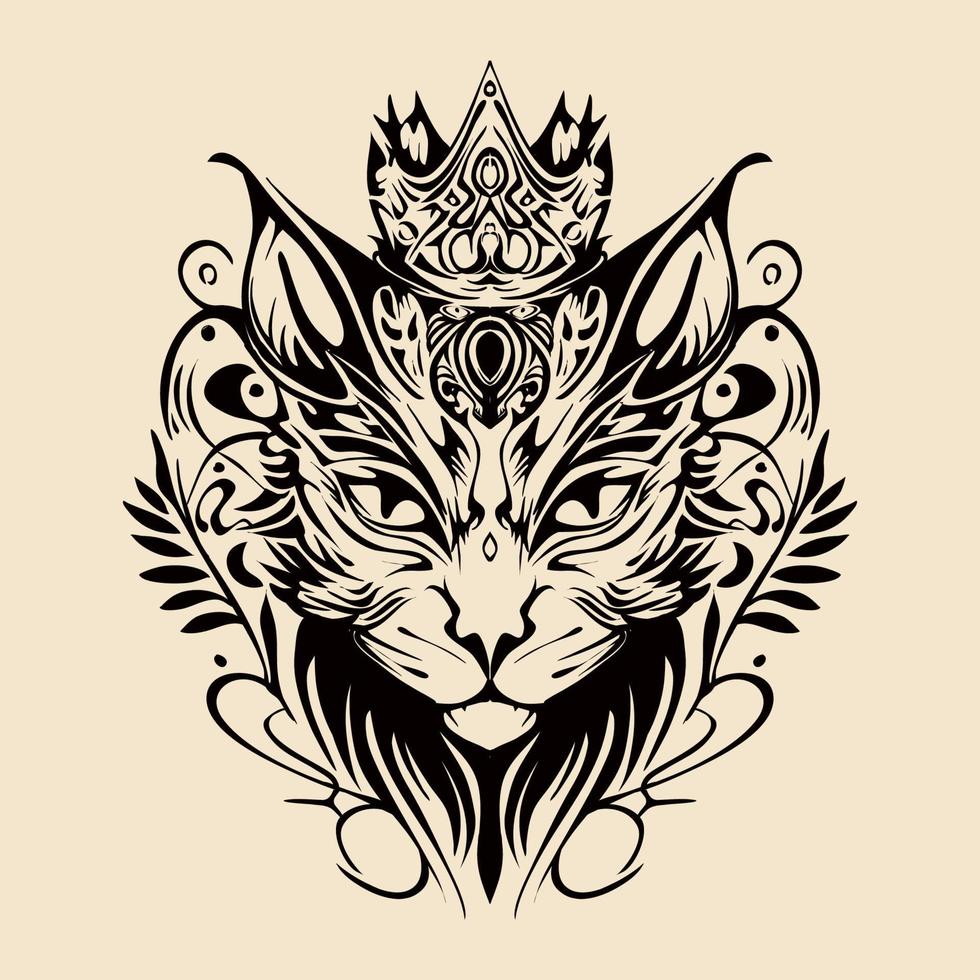 gato com ilustração vintage tribal desenhada à mão da coroa vetor