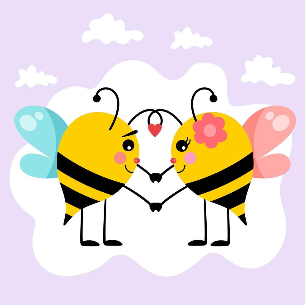 cartão de dia dos namorados com adorável casal de abelhas apaixonadas vetor