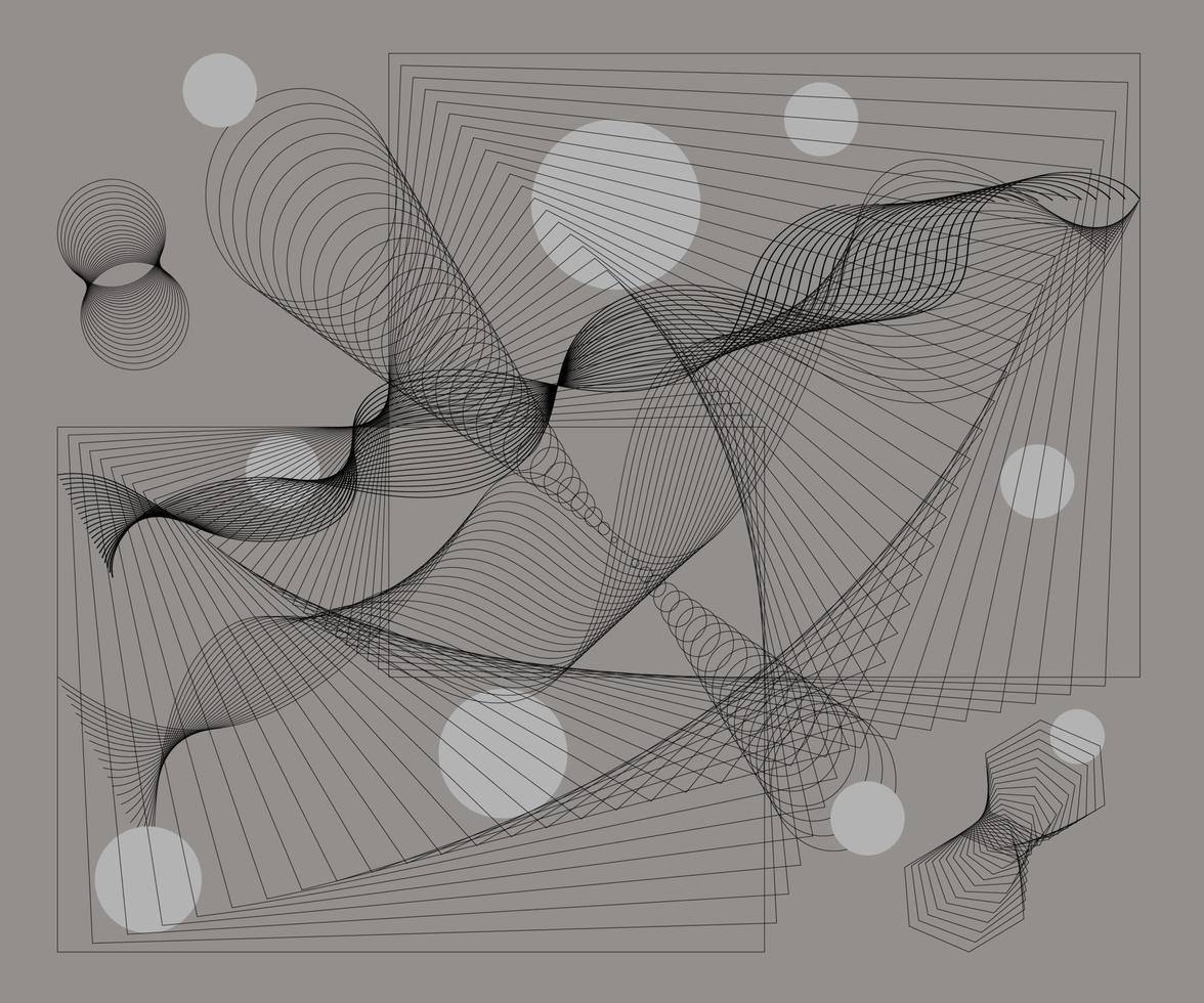 composição contemporânea abstrata do doodle. linhas onduladas, espirais, círculos, funil, cubos, polígonos, linhas. rabiscos desenhados. arte de linha abstrata. gráficos modernos vetor