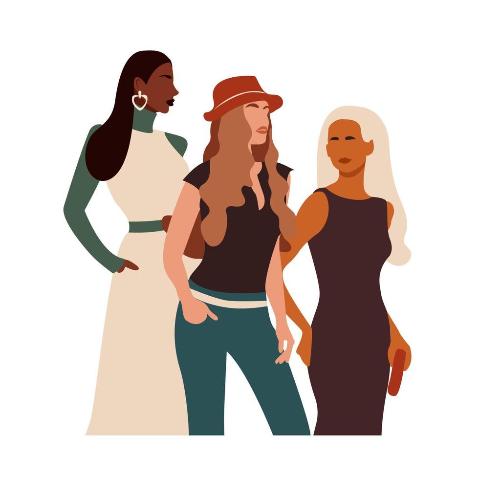 retratos de meninas de diversidade abstrata em estilo plano minimalista. conceito de dia internacional da mulher. empoderamento feminino. ilustração vetorial colorida isolada no fundo branco vetor