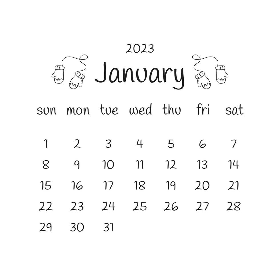 Calendário de janeiro de 2023 com luvas. rabisco de desenho vetorial vetor