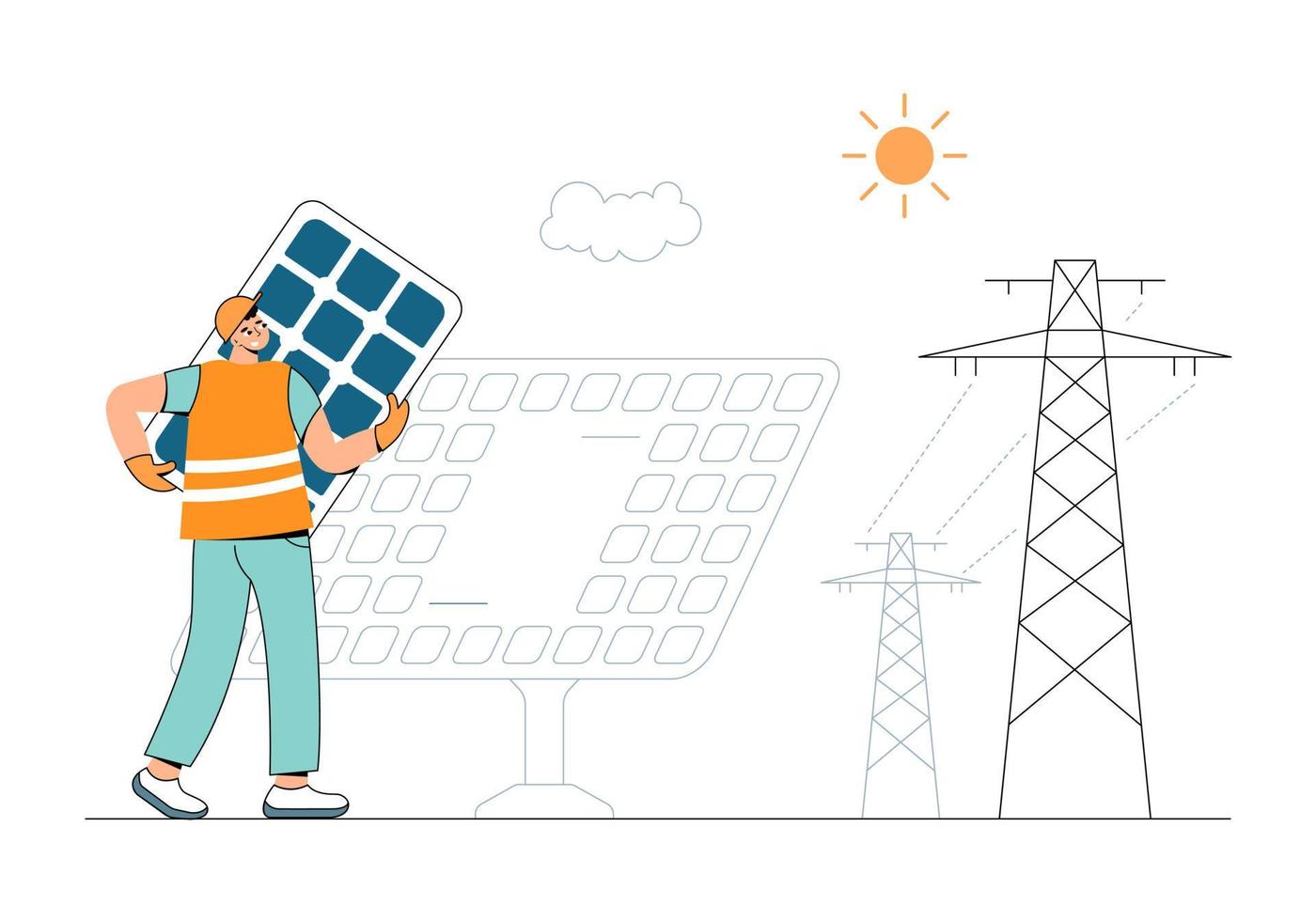 trabalhador é definido um painel em uma usina de energia solar. energia inteligente e verde. vetor