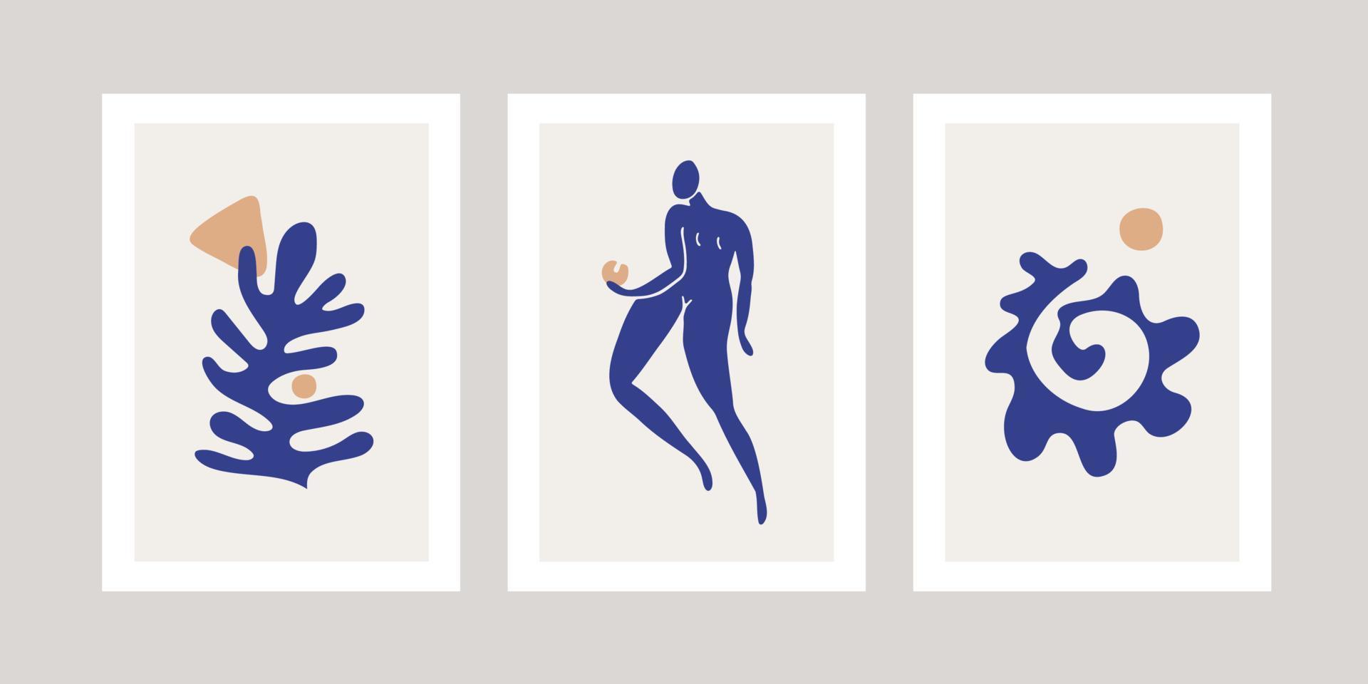 conjunto com cartazes abstratos com silhuetas de uma mulher e formas do mar. vetor