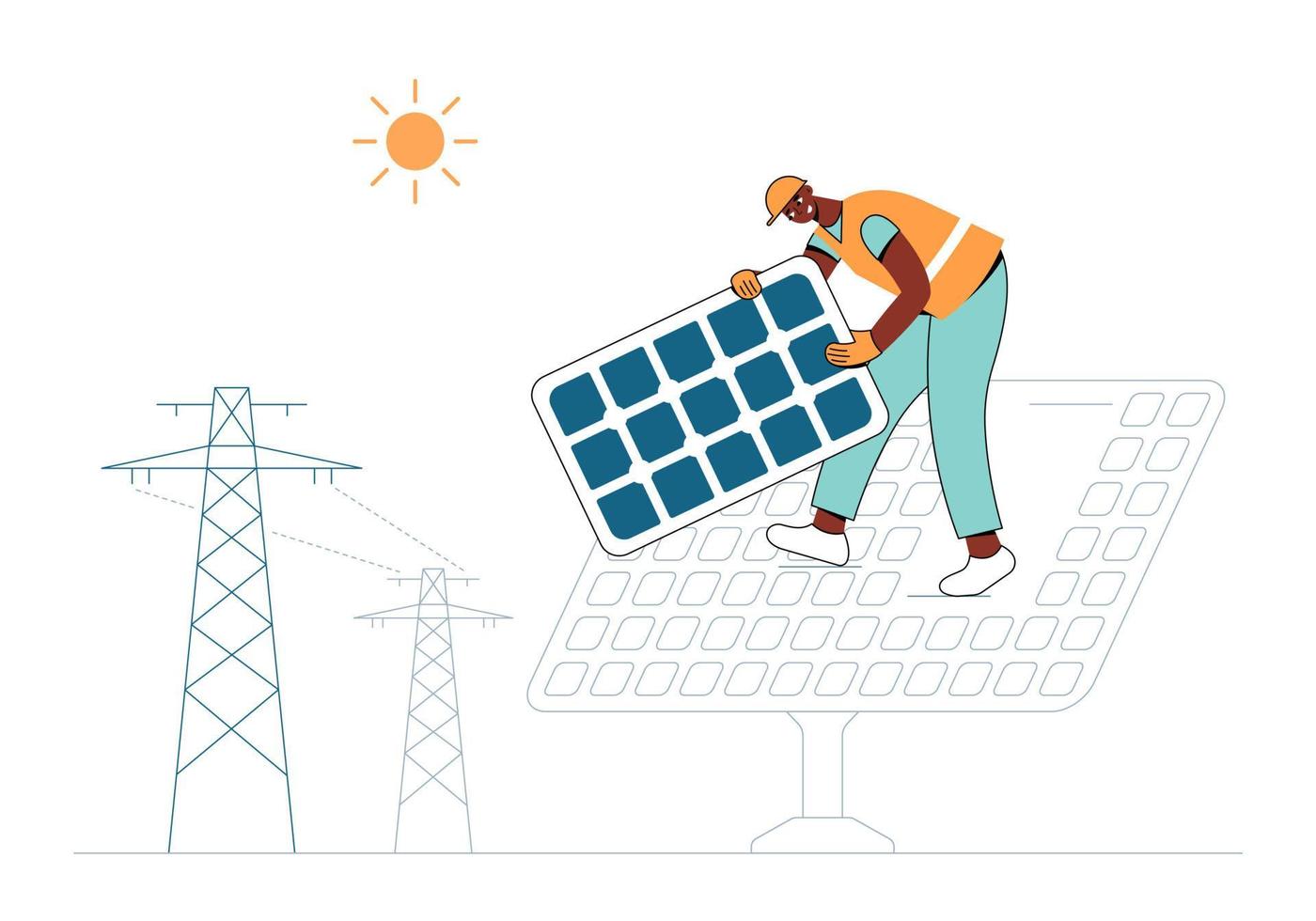 trabalhador é definido um painel em uma usina de energia solar. energia inteligente e verde. vetor