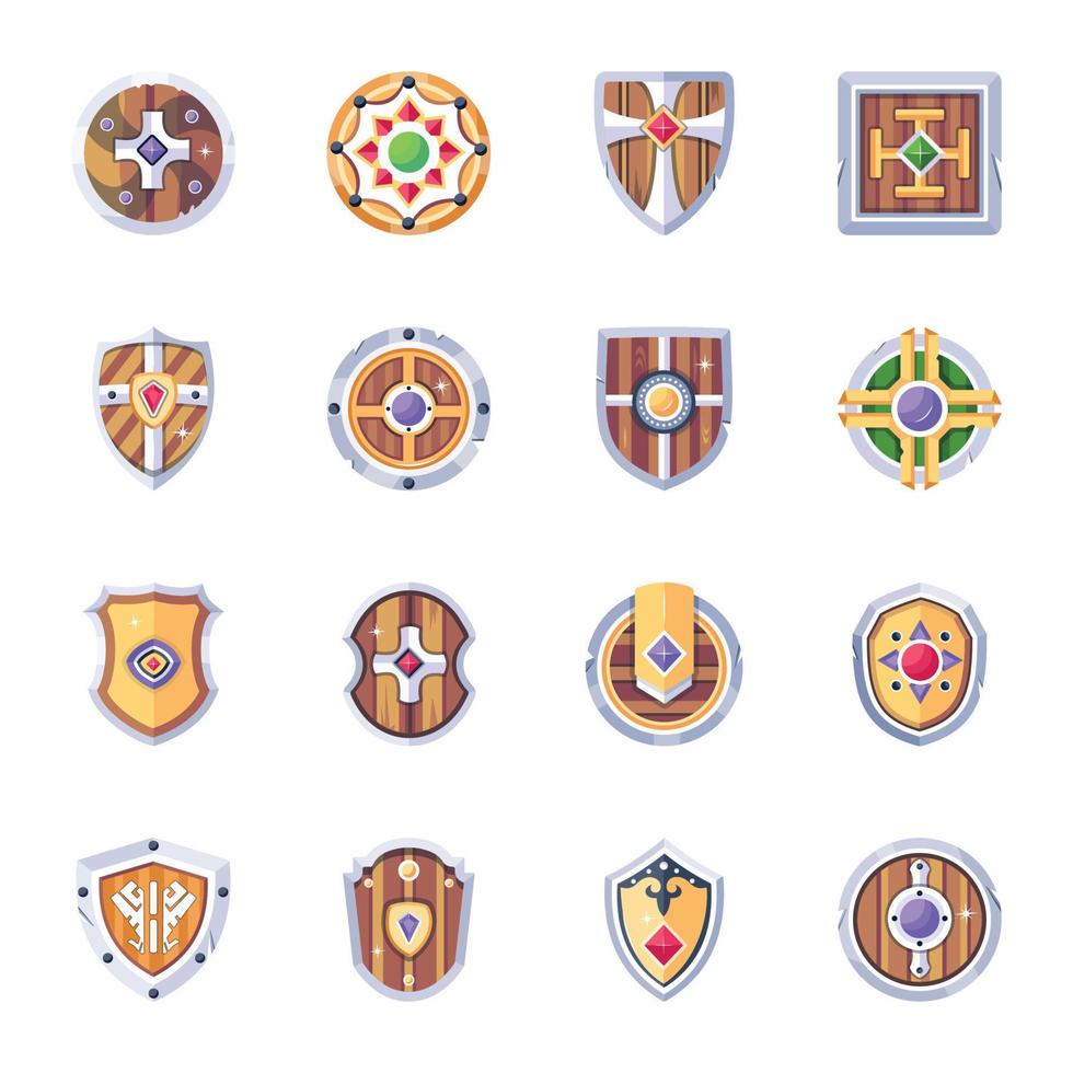 conjunto de ícones planos de escudos antigos vetor