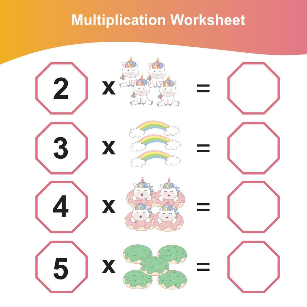 planilha de multiplicação para crianças. planilha de matemática pré-escolar. planilha matemática para impressão. vetor