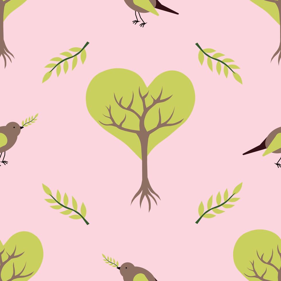vetor padrão minimalista sem costura com árvores estilizadas e pássaros em rosa pálido. adequado para páginas da web, mídias sociais, aplicativos, cartões, têxteis ou impressões em papel