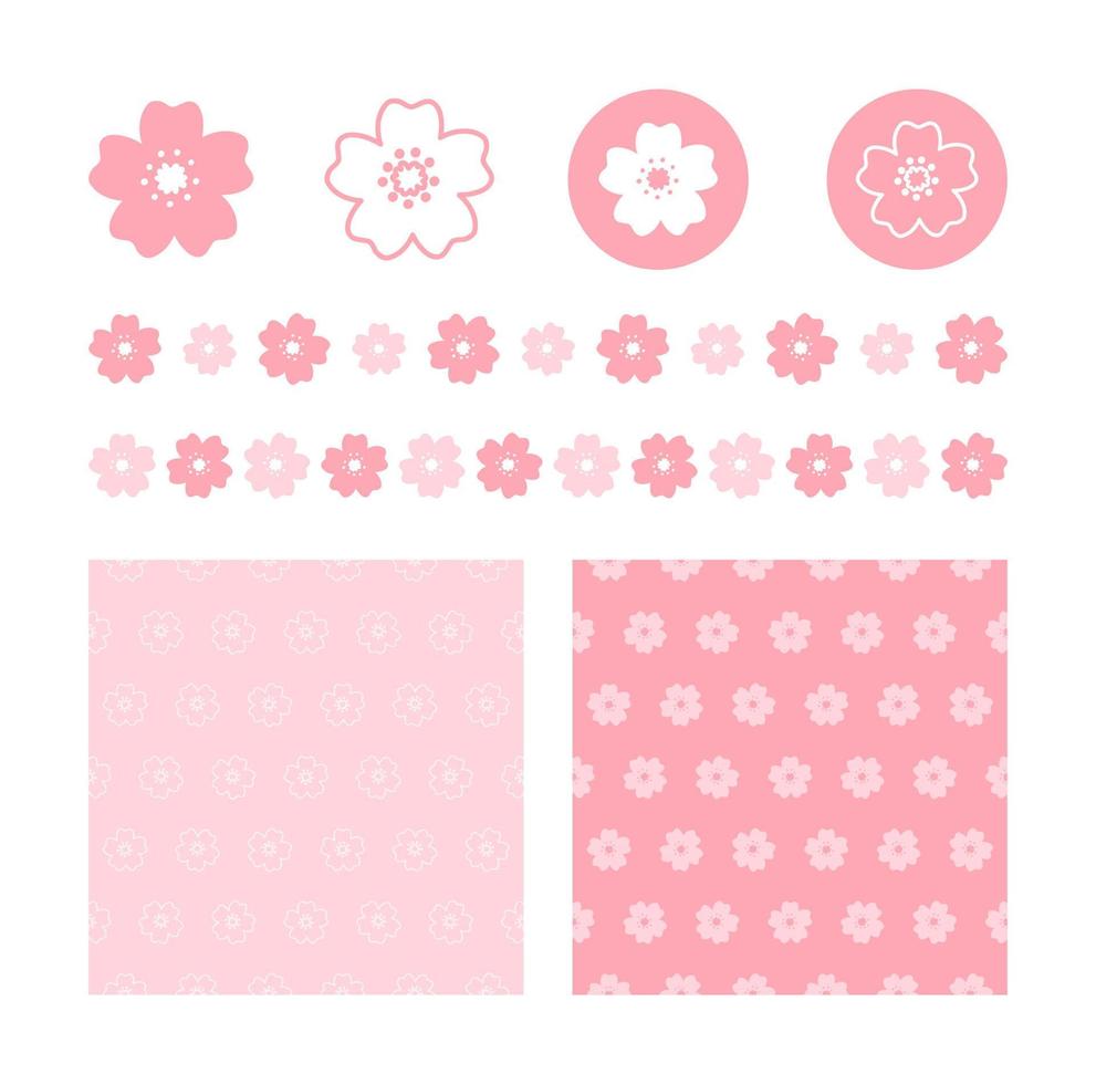 ícones simples de flor de cerejeira japonesa, bordas, plano de fundo padrão sem emenda. coleção de ilustração vetorial de elementos de design de marca de marketing vetor
