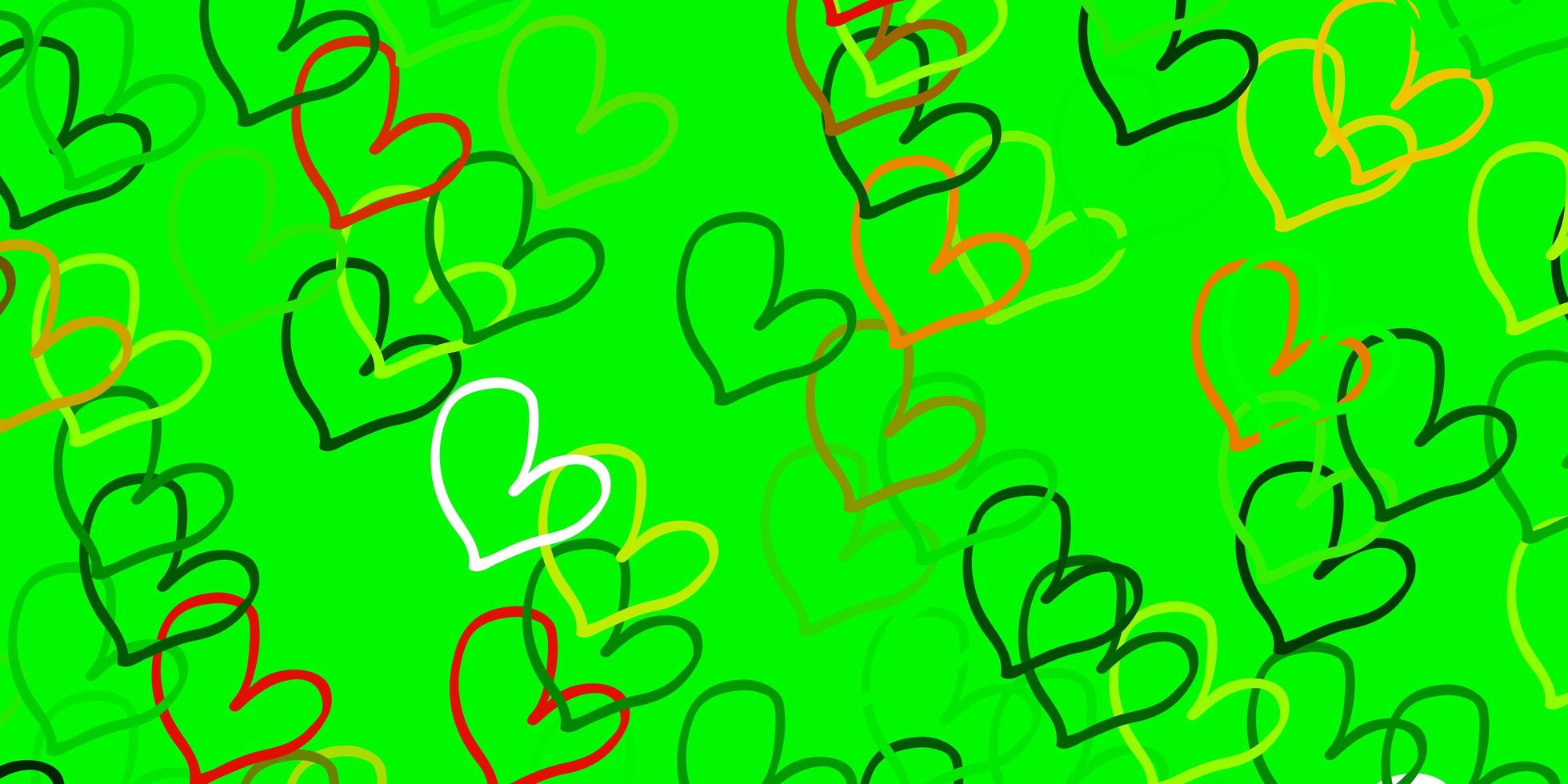 modelo de vetor verde e amarelo claro com corações de doodle.