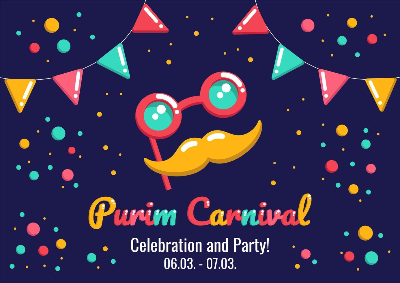 anúncio de carnaval de feriado purim com máscara engraçada com óculos e bigode, bandeiras e confetes em um fundo escuro, saudação, convite para um feriado judaico. vetor