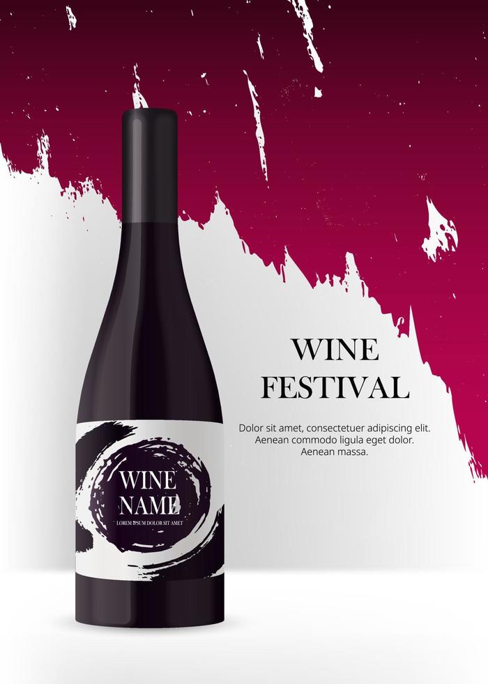 garrafa de vinho com rótulo em fundo branco. garrafa preta 3d realista com líquido vermelho. colocação de produtos mock up banner para branding. palco de fundo de luxo grunge. ilustração vetorial. vetor