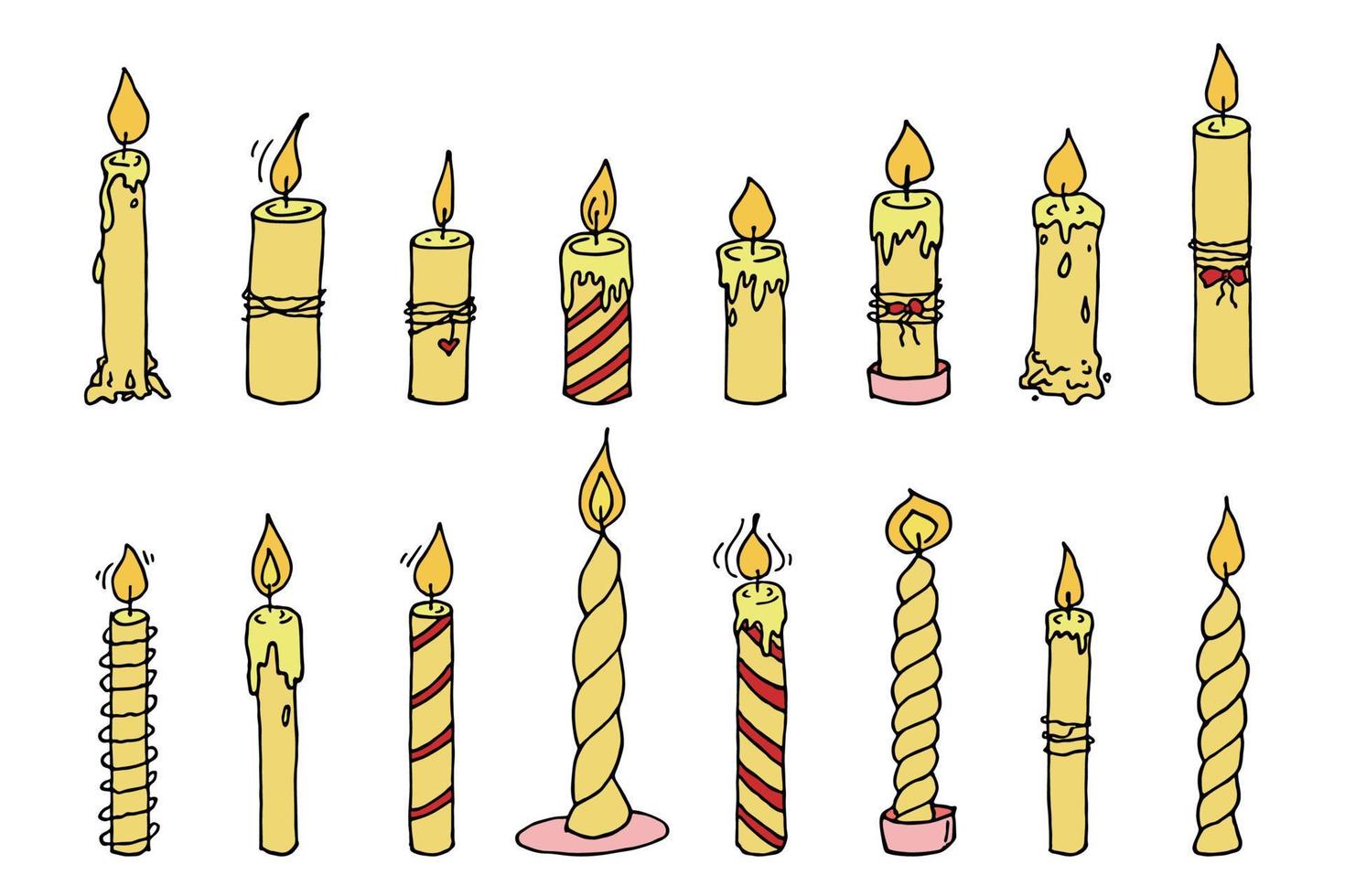 conjunto de velas acesas. ilustração de rabiscos. clipart desenhado à mão para cartão, logotipo, design vetor