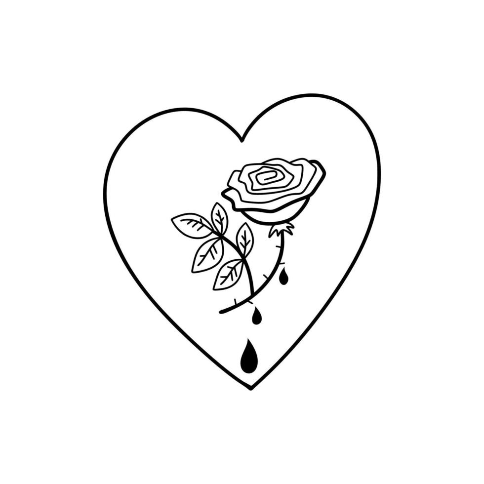 dia dos namorados romântico com coração, rosa com espinhos e gotas de sangue. O amor machuca. elemento de design estilo doodle para dia dos namorados em 14 de fevereiro. vetor. vetor