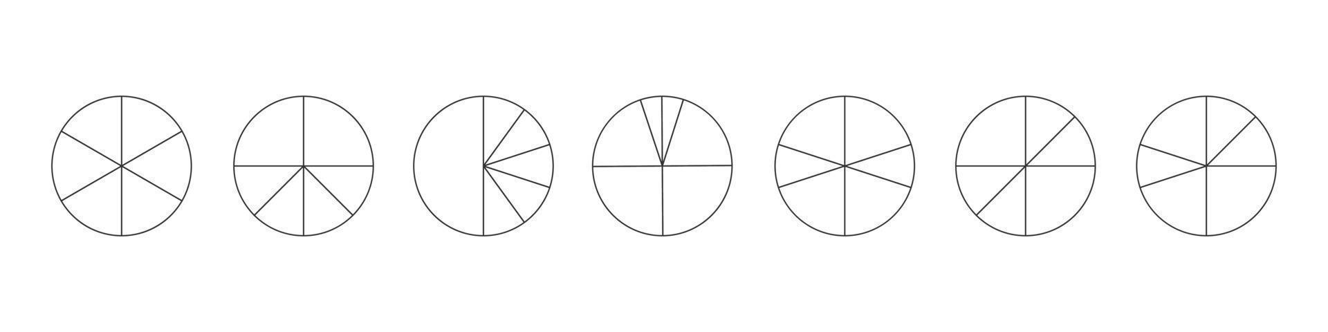 círculos de contorno separados em 6 segmentos isolados no fundo branco. formas redondas de torta ou pizza cortadas em diferentes seis fatias. exemplos de infográficos estatísticos simples vetor