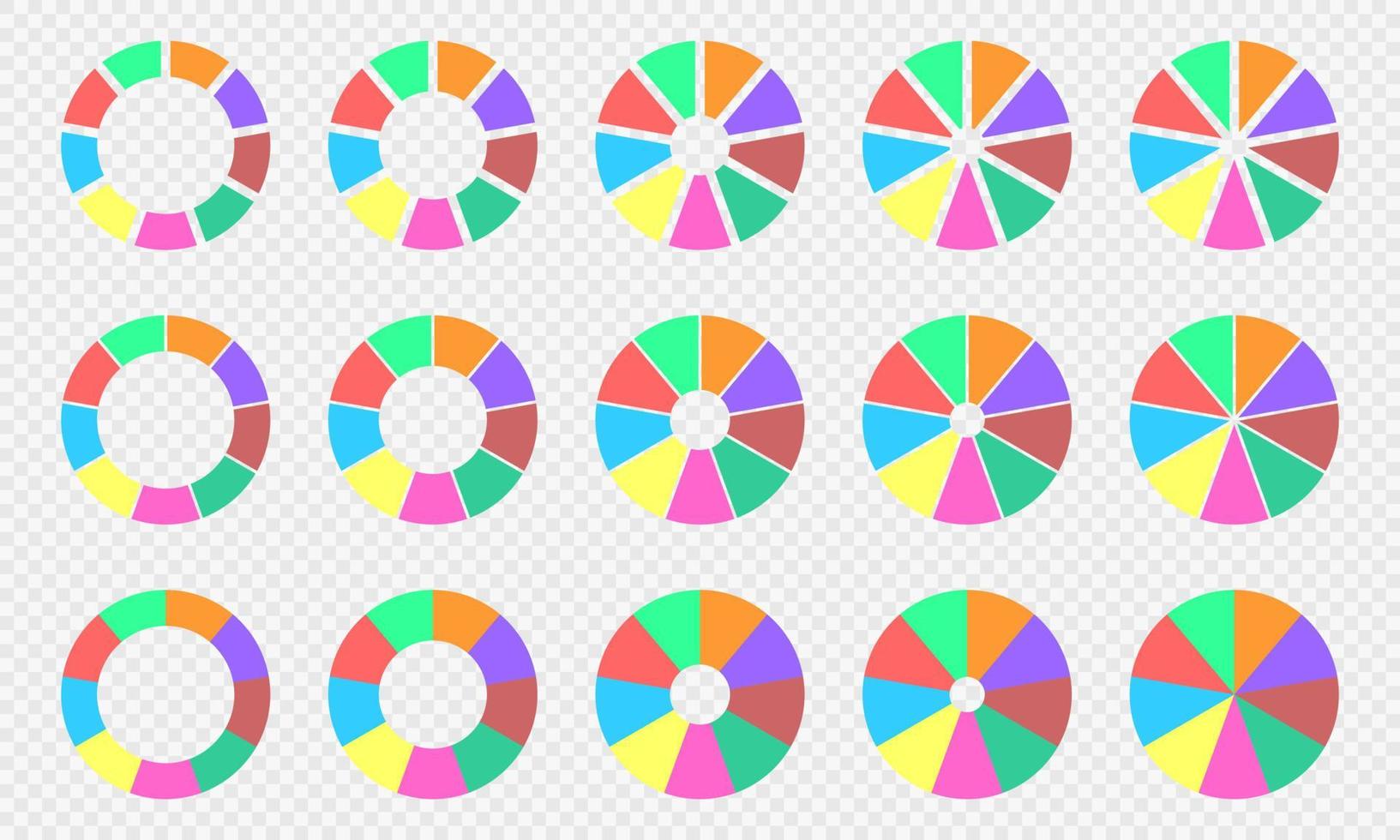conjunto de gráficos de torta e rosquinha. diagramas circulares divididos em 9 seções. rodas infográficas coloridas. formas redondas cortadas em nove partes iguais isoladas em fundo transparente vetor