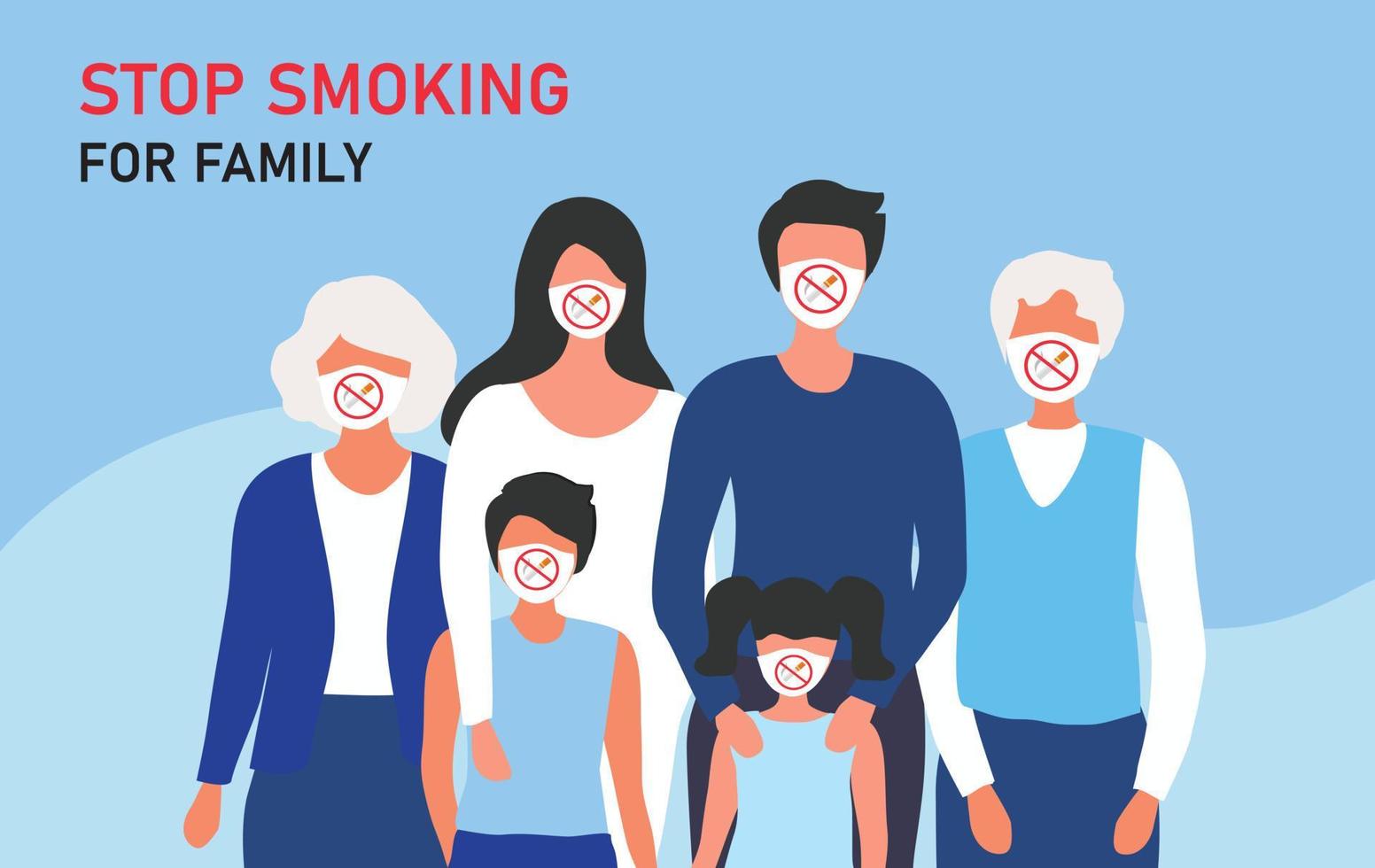 não fumar para o conceito de família, família usando máscara facial com símbolo de sinal de parar de fumar ilustração em vetor