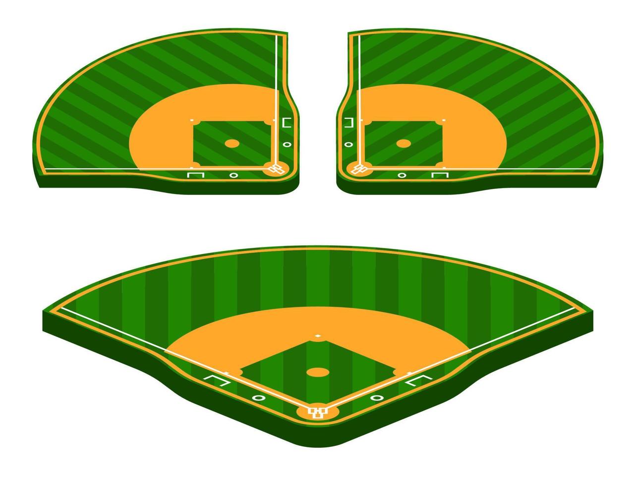 conjunto de campos de beisebol verdes isométricos com linhas de marcação. esportes de equipe. estilo de vida ativo. esporte nacional americano. vetor