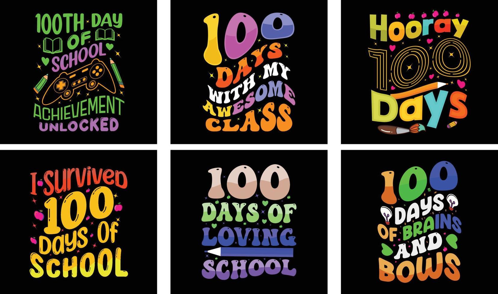 Pacote de design de camisetas escolares de 100 dias. 100 dias de vetor escolar. design de camiseta de tipografia.