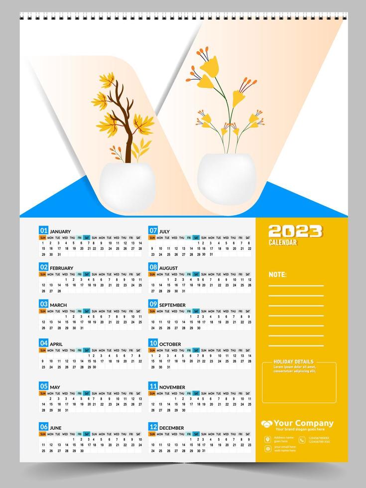 calendário de parede 2023 design criativo, layout de data vertical mensal simples para 2023 anos em inglês. Modelos de calendário de 12 meses, design moderno de calendário de ano novo. calendário corporativo ou empresarial. vetor