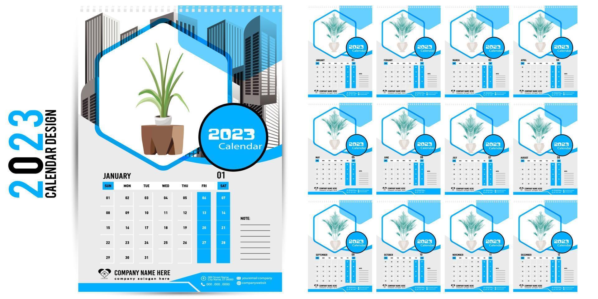 calendário de parede 2023 design criativo, layout de data vertical mensal simples para 2023 anos em inglês. Modelos de calendário de 12 meses, design moderno de calendário de ano novo. calendário corporativo ou empresarial. vetor