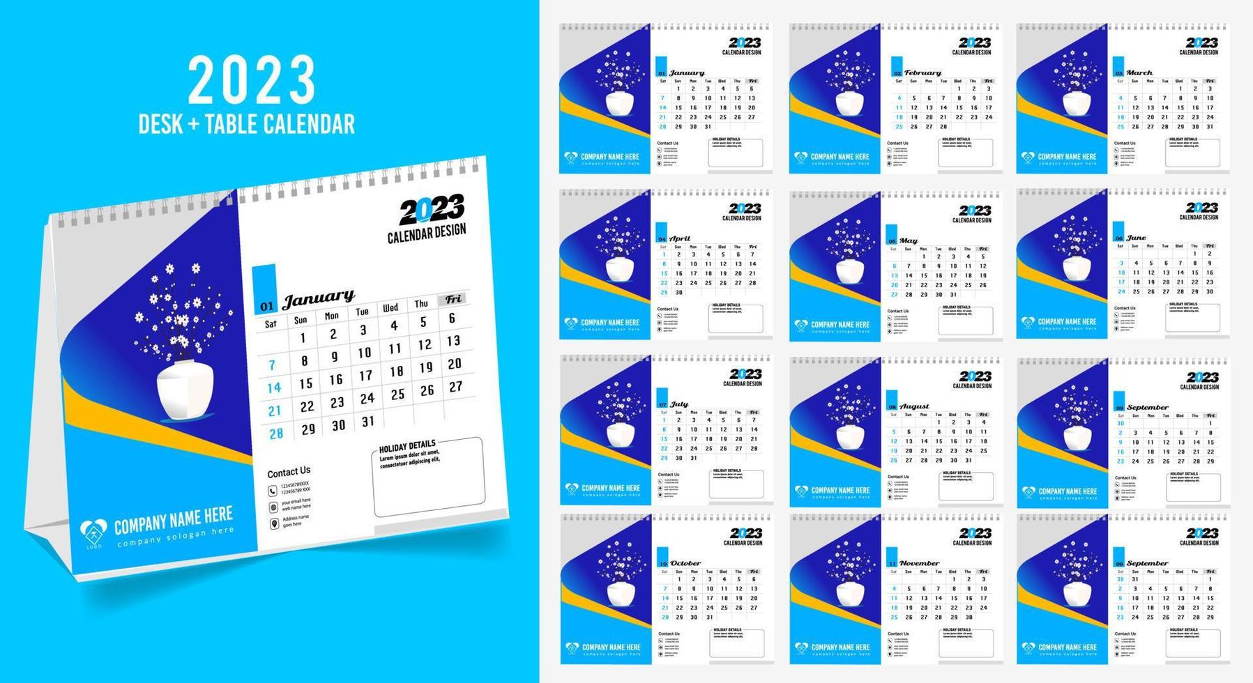 calendário de mesa 2023 design criativo, layout de data vertical mensal simples para 2023 anos em inglês. Modelos de calendário de 12 meses, design de calendário de mesa moderno. calendário corporativo ou empresarial. vetor