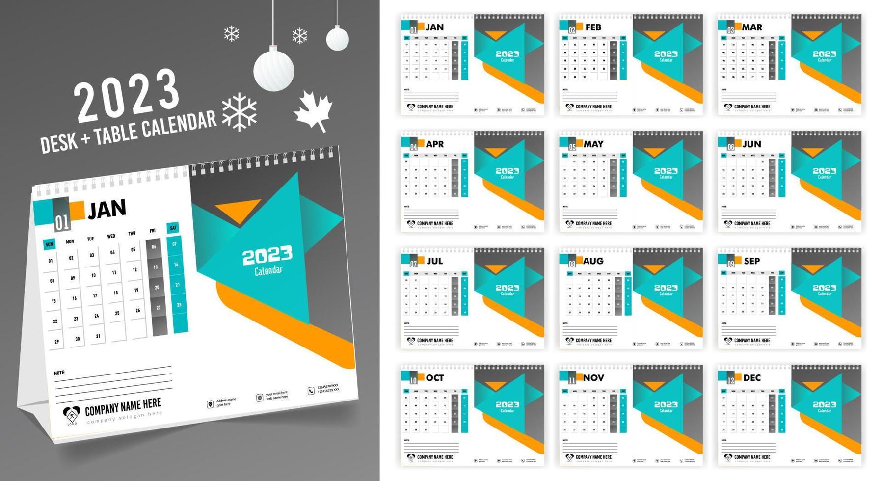 calendário de mesa 2023 design criativo, layout de data vertical mensal simples para 2023 anos em inglês. Modelos de calendário de 12 meses, design de calendário de mesa moderno. calendário corporativo ou empresarial. vetor