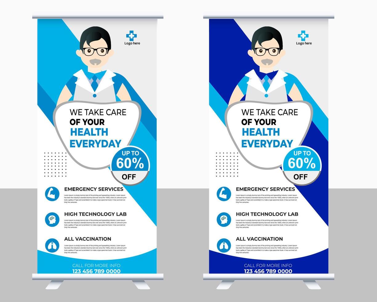 design de modelo de vetor de banner médico ou enquete para hospital de saúde. cuidados de saúde e médicos roll up e banner de design de pé.