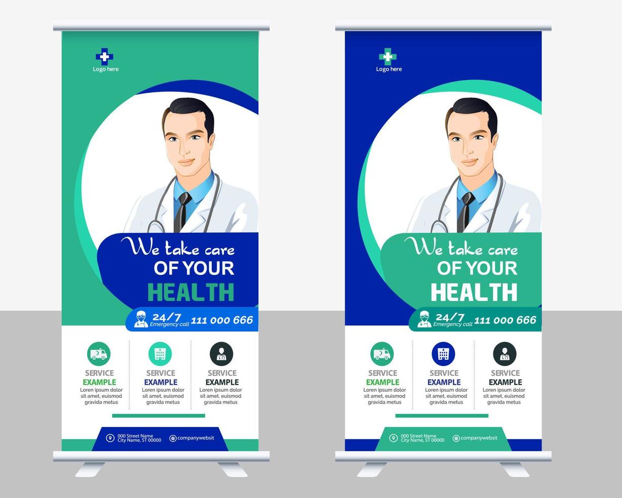 design de modelo de vetor de banner médico ou enquete para hospital de saúde. cuidados de saúde e médicos roll up e banner de design de pé.