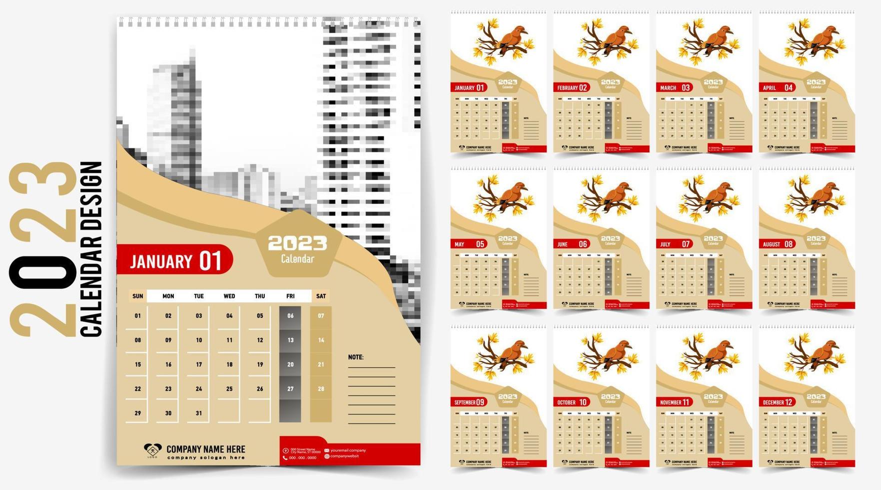 calendário de parede 2023 design criativo, layout de data vertical mensal simples para 2023 ano em inglês. Modelos de calendário de 12 meses, design moderno de calendário de ano novo. calendário corporativo ou empresarial. vetor