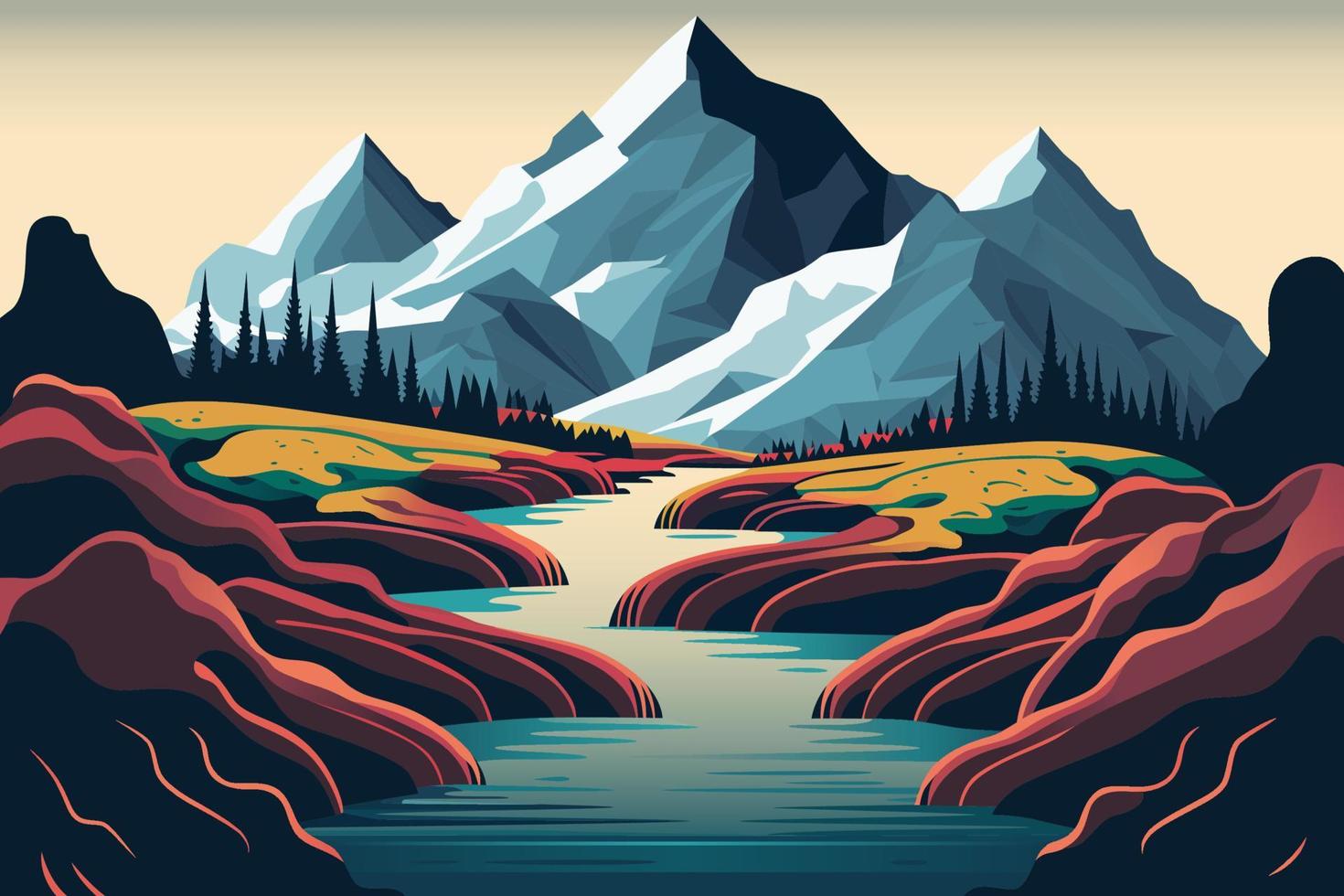 paisagem montanhosa com rio e árvores, bela arte vetorial minimalista de montanha vetor