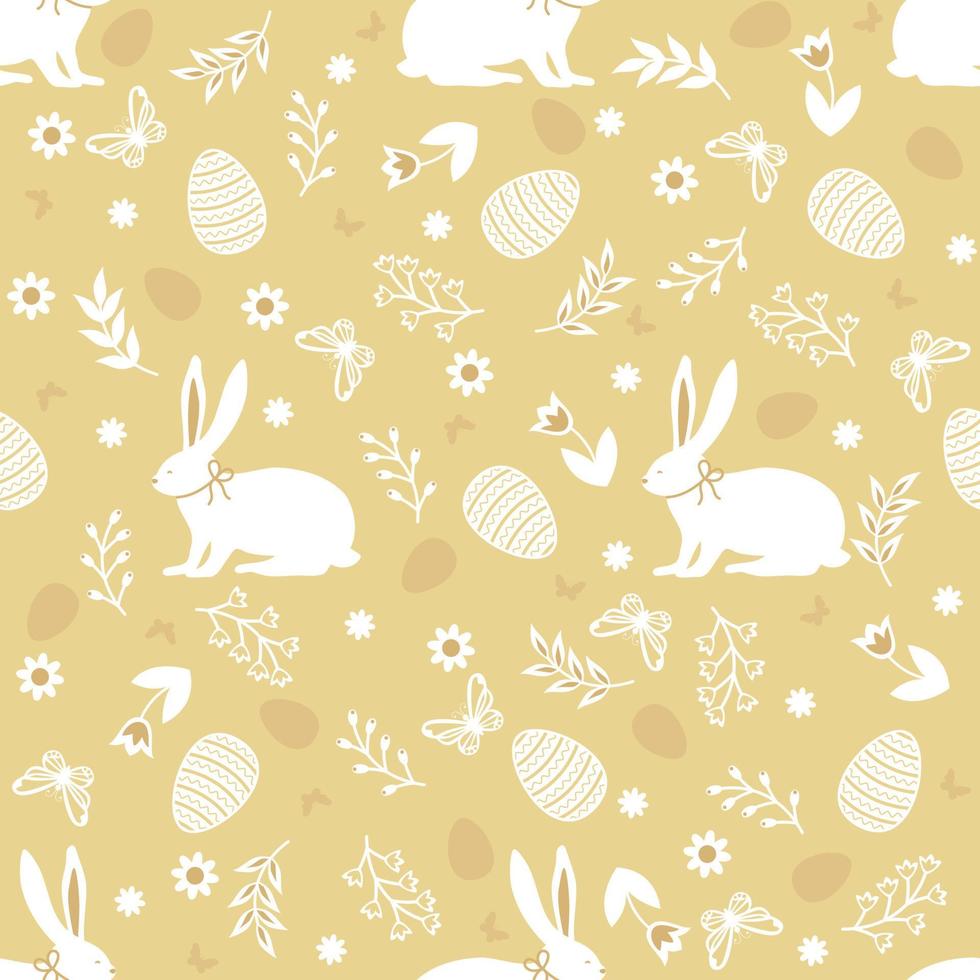 padrão perfeito com coelhos bonitos e elemento floral em fundo amarelo. impressão de páscoa. vetor