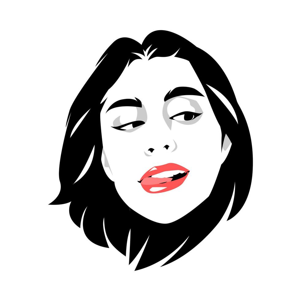 retrato de arte pop preto e branco do rosto de uma linda jovem com um penteado curto. língua para fora. monocromático. fundo branco isolado. ilustração vetorial. vetor