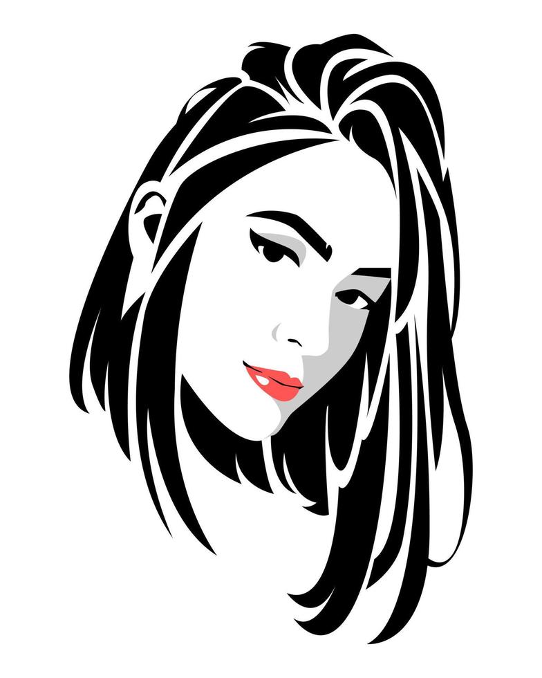 retrato preto e branco de uma jovem mulher bonita com cabelo comprido. cabelo abstrato. fundo branco isolado. para impressão, pôster, adesivo, etc. ilustração plana em vetor. vetor