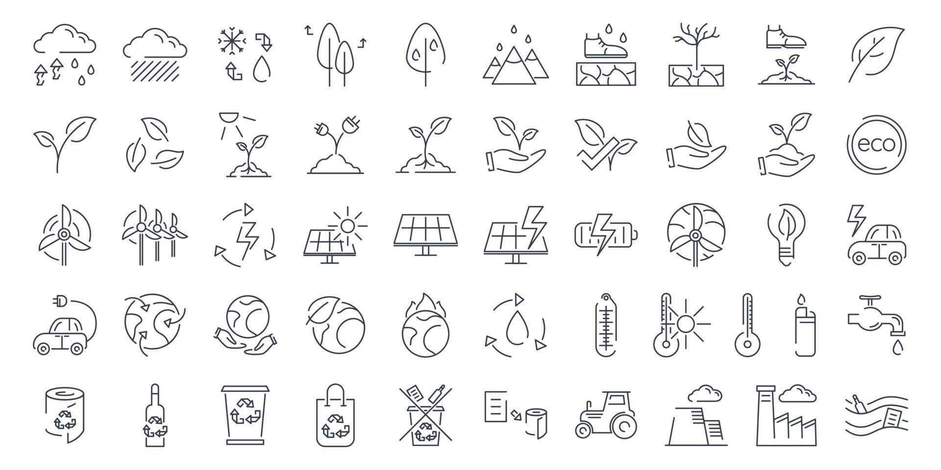 grande conjunto de ícones de linha isolada de vetores sobre o tema da ecologia, clima, poluição e conservação ambiental.