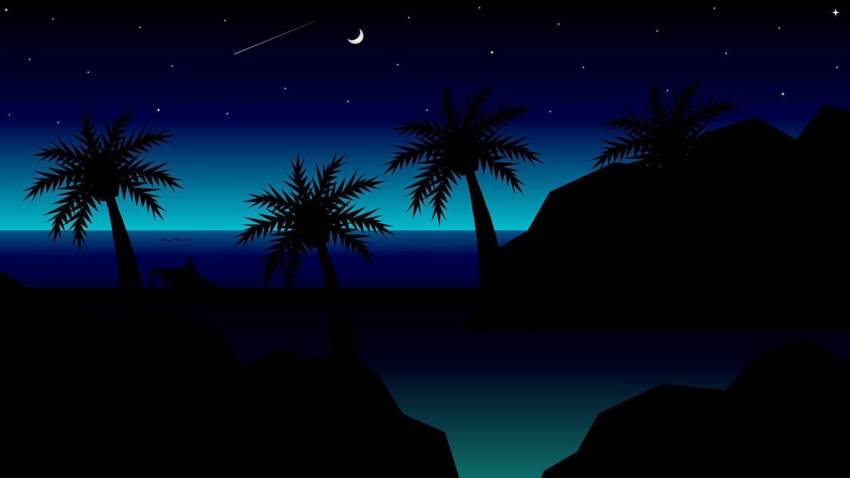 ilustração vetorial, papel de parede da área de trabalho. vista da praia com grandes pedras e coqueiros à noite, iluminada pela luz azul que emerge do mar. vetor