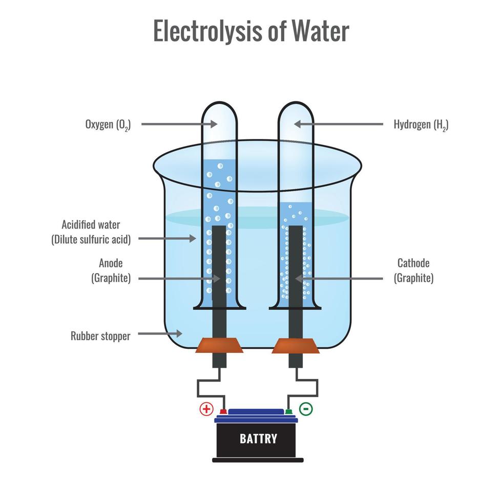 eletrólise da água formando ilustração vetorial de hidrogênio e oxigênio vetor