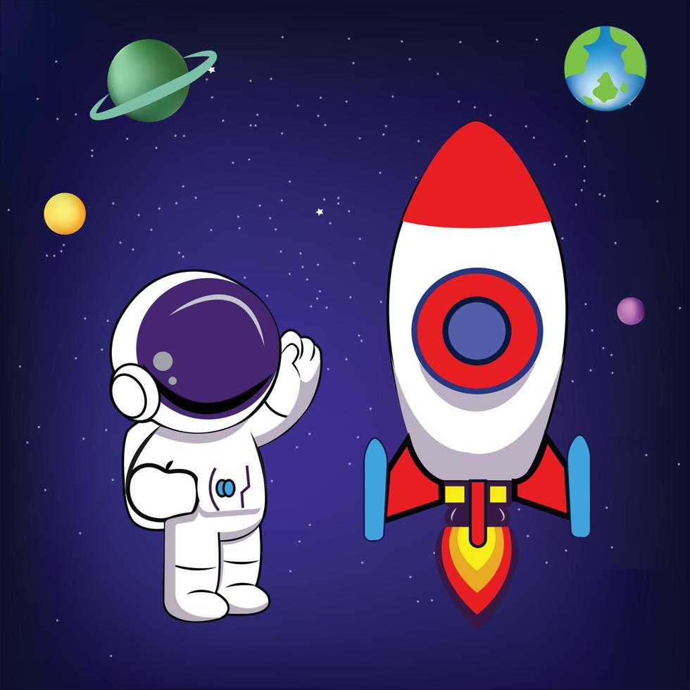 homem astronauta flutuando e montando ilustração vetorial de foguete vetor