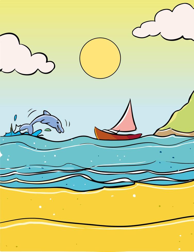 fundo do estilo dos desenhos animados do vetor da costa do mar. vetor de desenhos  animados de bom dia ensolarado 18892017 Vetor no Vecteezy
