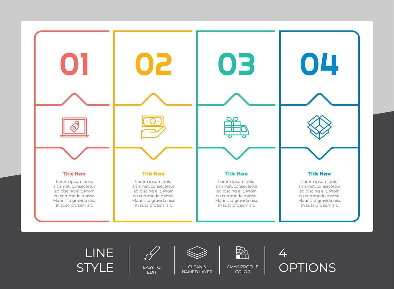 design de vetor infográfico quadrado de fluxo de trabalho com 4 opções e design de linha. infográfico de opção pode ser usado para apresentação, relatório anual, finalidade comercial.