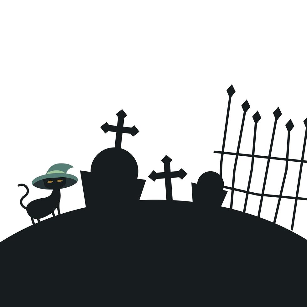 gato de halloween com chapéu em desenho vetorial de cemitério vetor